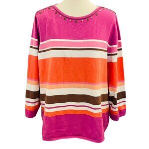 Alfred Dunner Striped Sweater Jumper Sz 2X Fuchsia Orange Brown Beaded Autumn